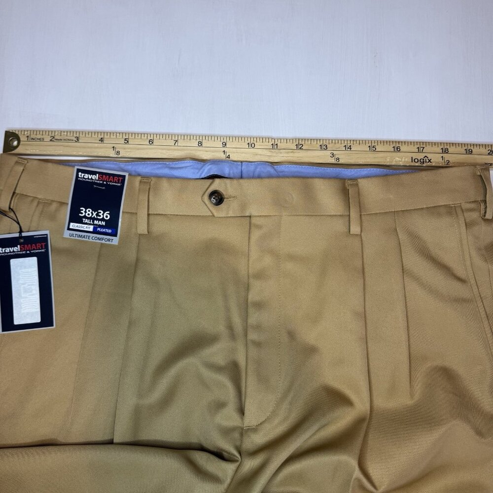 NWT Roundtree & Yorke Pants Travel Smart Mens Tall 38x36 Dress Tan Pleated - Picture 8 of 12